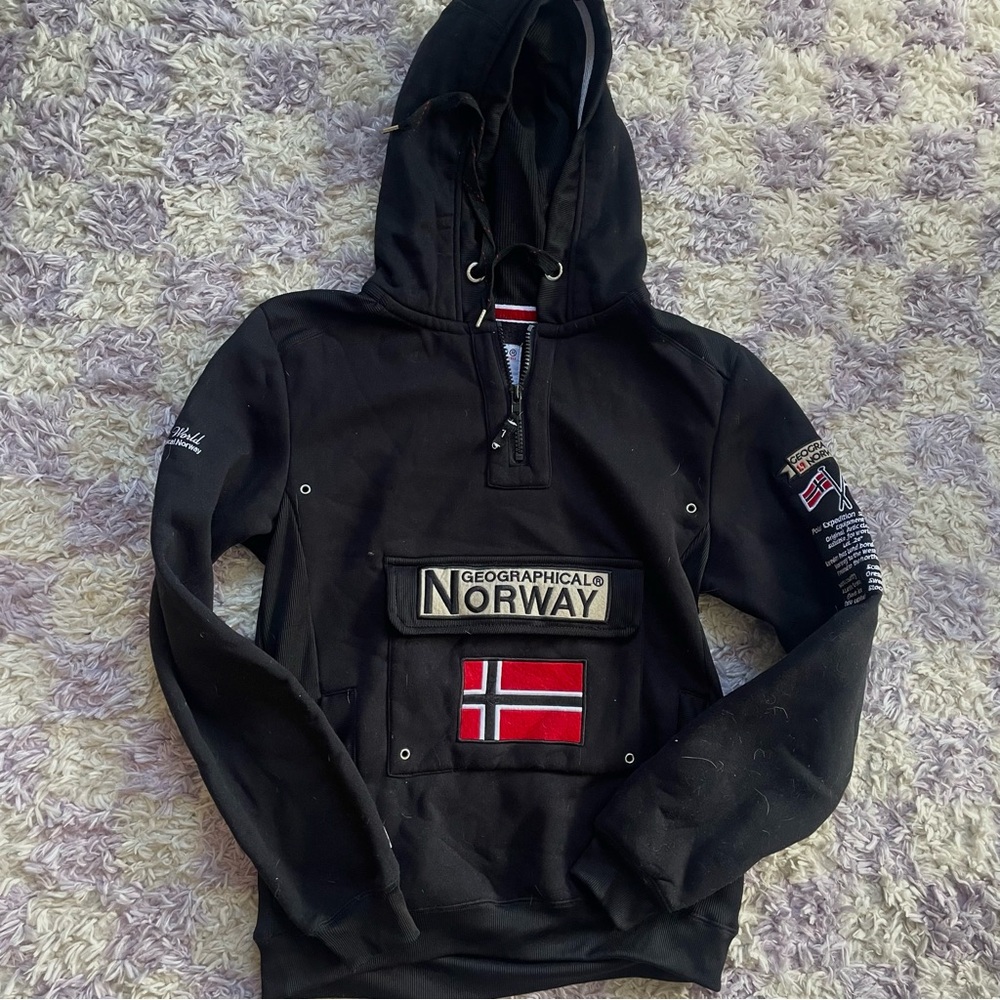 Geographical Norway Men’s Black Hoodie 1/4 Quarter Zip Large